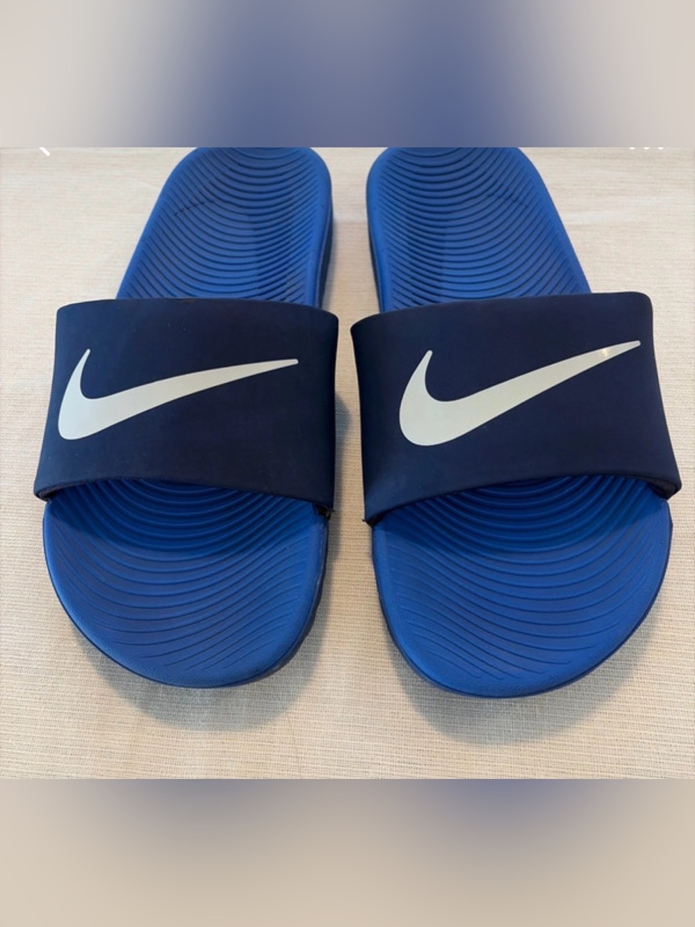 Nike Kids Blue Footbed Black Strap Slides with White Swoosh